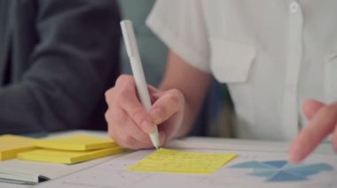 Kadın ofis çalışanlarının ellerini kapat ve masadaki sarı çıkartmalar üzerine konferans notları yazmaya hazırlan.