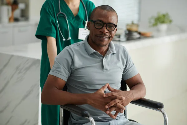 Portrait Smiling Black Man Disability Having Social Worker Visiting Him — Stock Photo, Image