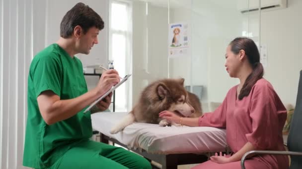 獣医クリニックで相談しながら病気のペットの症状について動物医師と話すふわふわの犬のアジアの所有者 — ストック動画