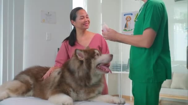 緑色の均一な処方薬で陽気な男性獣医のミディアムショット 大きなふわふわの犬に薬を処方し クリニックで女性の所有者にそれらを与える — ストック動画