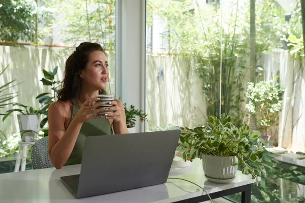 Young Serene Pensive Woman Cup Coffee Looking Window While Sitting — Stock Photo, Image