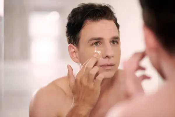 Homem Olhando Para Espelho Banheiro Aplicar Adesivos Silicone Undereye — Fotografia de Stock