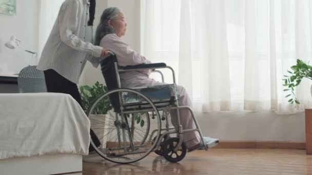 中远距离拍摄的小女儿推着她生病的大妈的轮椅到疗养院的窗口 — 图库视频影像