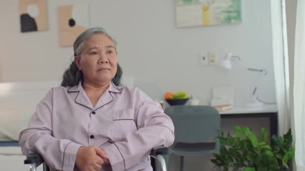 镜头下坐在轮椅上的老年妇女的画像 — 图库视频影像