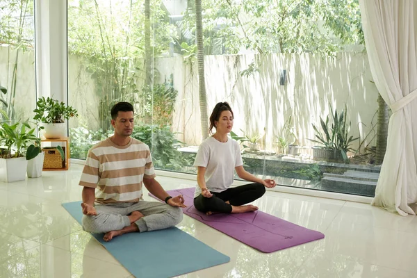 Couple sitting in lotus position on mats, practicing yoga at home