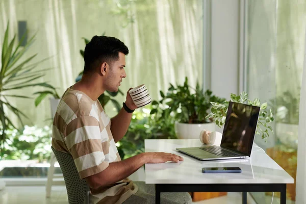 Man Drinking Morning Coffee Reading Emails Laptop Screen — Stock Photo, Image