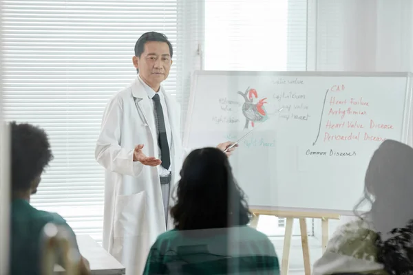 Doctor Pointing Whiteboard Heart Chart Talking Group Medical Students — Stock Photo, Image
