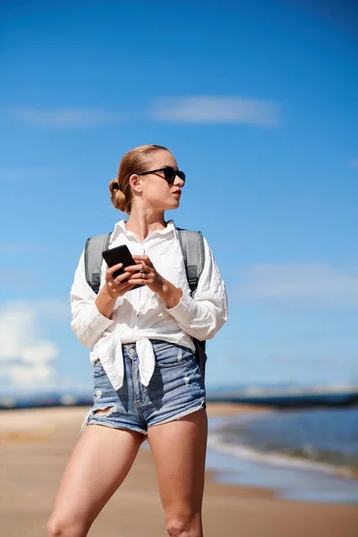 Young Woman Shorts Cotton Shirt Checking Phone Looking Away — Stock Photo, Image