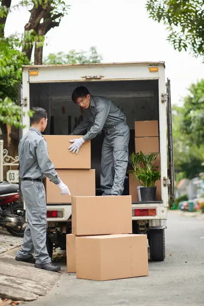Movers unloading van full of cardboard boxes and potted plants