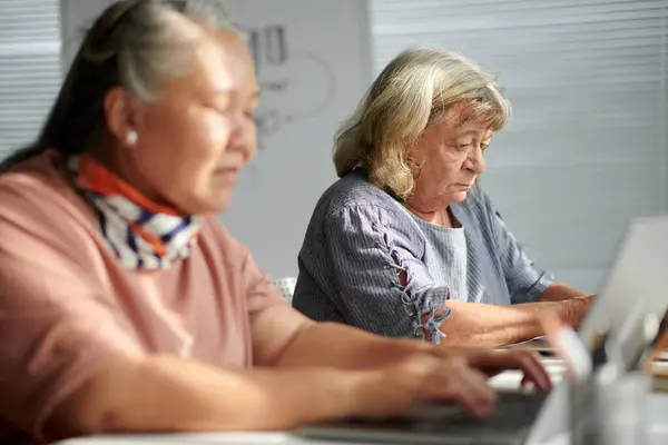 Seniorin Besucht Computerkurs Grundfertigkeiten Erlernen — Stockfoto
