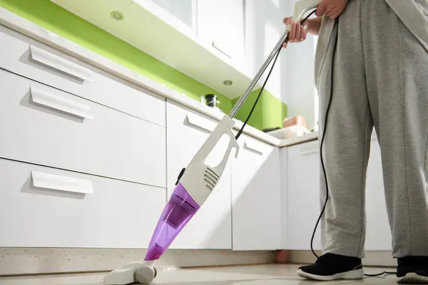 Cropped Image Woman Homewear Vacuum Cleaning Floor Kitchen — Stock Photo, Image