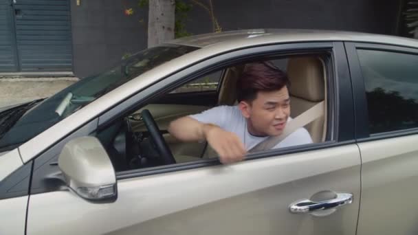 Medium Long Shot Male Student Car Greeting His Driving Instructor — Stock Video