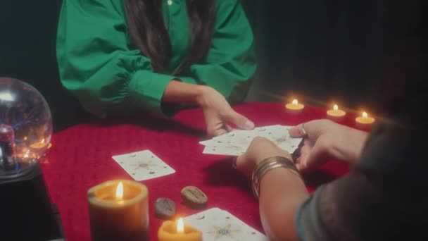 Medium Shot Sorcerer Asking Woman Choose Cards Tarot Desk Future — Stock Video