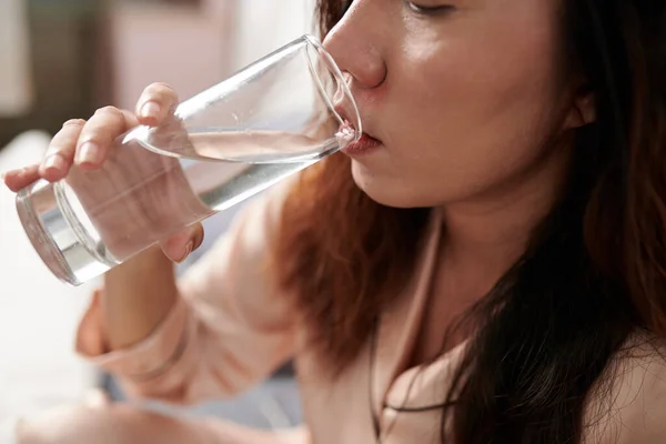 Cropped Image Sick Young Woman Sipping Water Taking Medicine — Stock Photo, Image