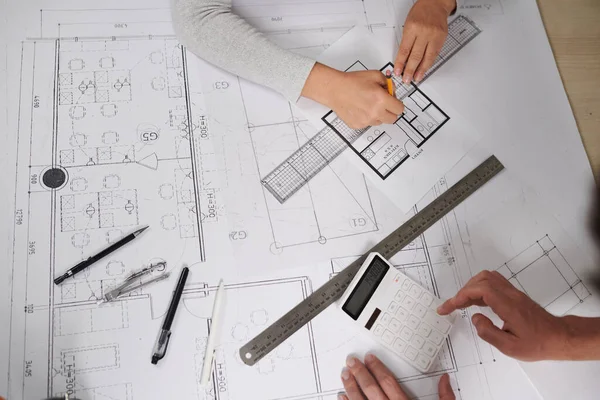 Hands Architects Working Blueprint Building View — Stock Photo, Image