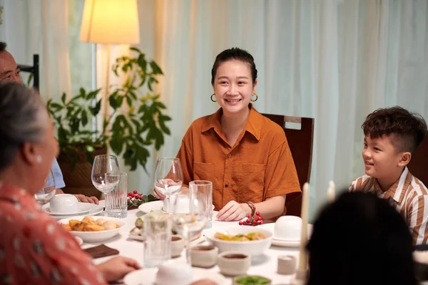 Portrait Happy Vietnamese Woman Enjoying Dinner Her Family — Stock Photo, Image