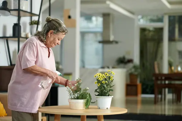 Lächelnde Seniorin Sprüht Wasser Auf Blühende Blumen — Stockfoto