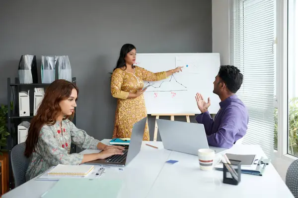 Young Indian businesswoman in traditional clothing conducting project presentation in front of colleagues