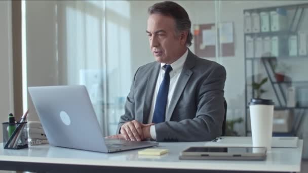 Üst Düzey Adamının Ofisinde Otururken Ortağıyla Görüntülü Konuşma Görüntüsü — Stok video