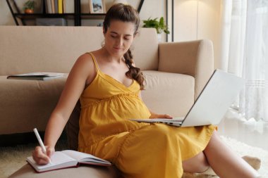 Genç hamile bir kadın dizüstü bilgisayarla yerde oturuyor ve internetten not alıyor.