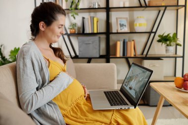 Genç hamile bir kadın, oturma odasında dizüstü bilgisayarla otururken doktoruyla çevrimiçi tıbbi danışmanlık yapıyor.