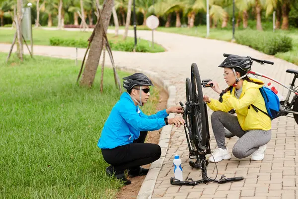 Велосипедисти Перевіряють Велосипедну Мережу Педалі Стежці Міському Парку — стокове фото