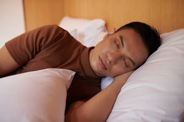 Young Man Sleeping Comfy Bed Home — Stock Photo, Image