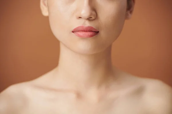 Close Image Young Woman Having Full Pink Lips — Stock Photo, Image