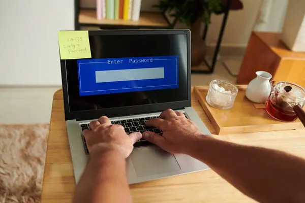 Hands Senior Man Entering Password Get Access His Laptop — Stock Photo, Image