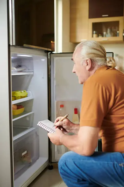 Senior man checking fridge in kitchen and writing shopping list in notebook