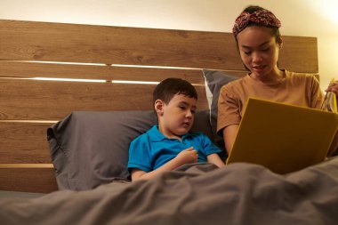 Anne ve çocuk uyumadan önce masal kitabında resimleri tartışıyor.