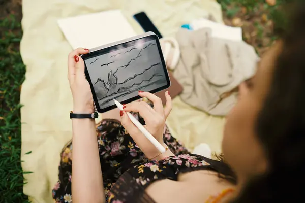 Creative Young Woman Drawing Sketch Tablet Computer Resting Park — Stock Photo, Image
