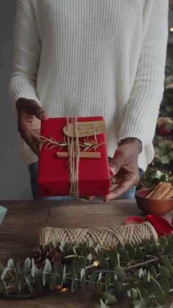 メリークリスマスカード シナモンスティック スプルースツイッグで赤い紙に包まれたギフトを保持している女性の垂直ズーム — ストック動画