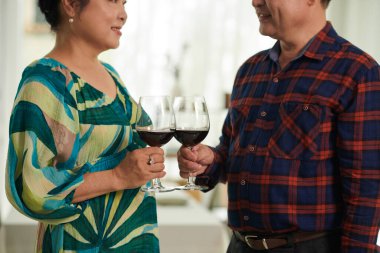 Yaşlı çift evde yıldönümünü kutlarken iyi şarapların tadını çıkarıyor.