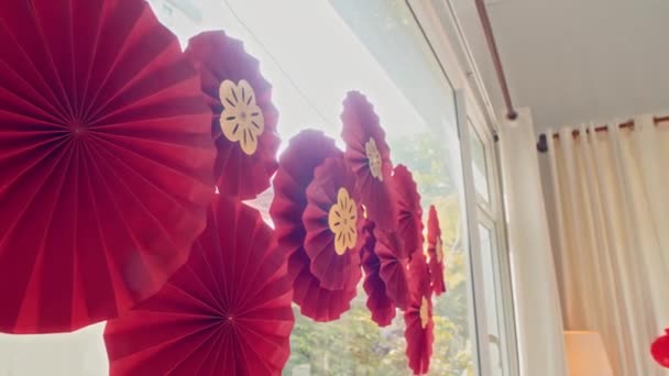 Low Angle Pan Shot Red Paper Decorations Prepared Tet Hanging — Stock Video