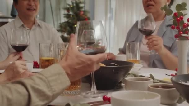 Evde Noel Kutlarken Kırmızı Şarapla Kadeh Kaldıran Büyük Aile Fertlerinin — Stok video