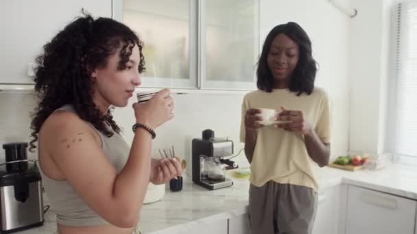 Medium Shot Diverse Female Friends Drinking Tea Discussing News Flat — Stock Video