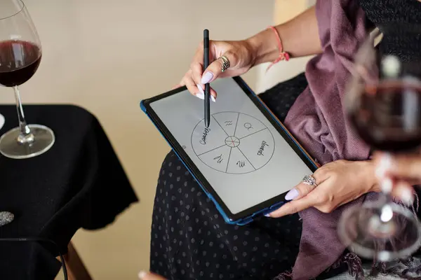Close Image Female Astrologer Drawing Natal Card Client Tablet Computer — Stock Photo, Image