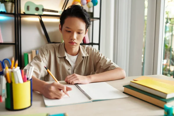 Teenage Vietnamský Chlapec Dělá Domácí Úkoly Pro Angličtinu Třídy Psaní — Stock fotografie