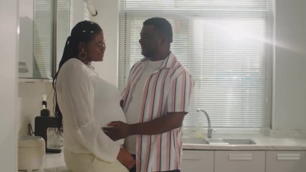 Breed Schot Van Liefdevolle Afro Amerikaanse Man Zoenen Zijn Zwangere — Stockvideo