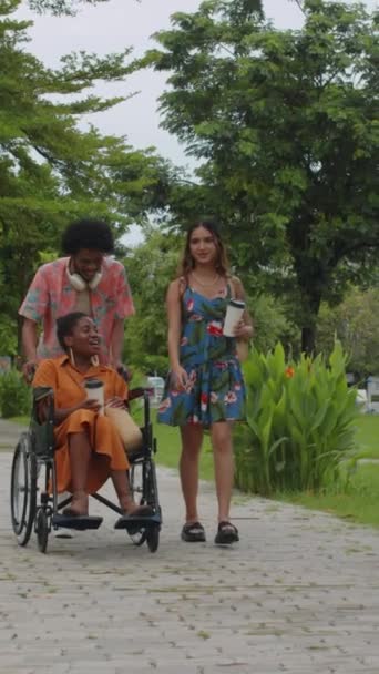 Vertikální Záběr Ženy Invalidním Vozíku Její Přátelé Tráví Čas Venku — Stock video