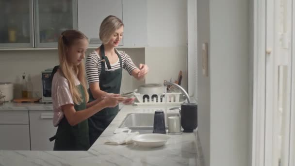 Vista Lateral Menina Adolescente Limpando Copos Pratos Quando Mãe Lavar — Vídeo de Stock