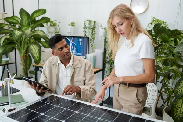 Manažeři Počítají Kolik Solárních Panelů Potřebují Pro Projekt — Stock fotografie