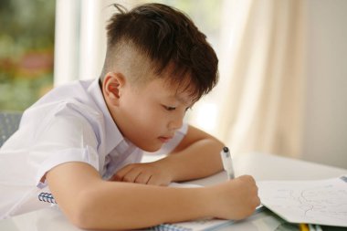 Vietnamlı okul çocuğu sınıfta masa başında ders kitabı yazıyor.