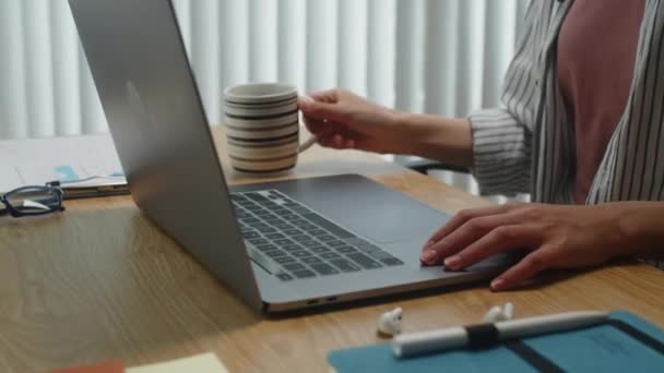 女企业家在办公室用笔记本电脑发送电子邮件和喝茶的剪影 — 图库视频影像