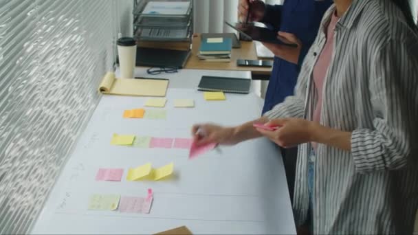 Tanımlanamayan Proje Ekibinin Renkli Notları Ofis Planıyla Birlikte Kağıda Yapıştırması — Stok video