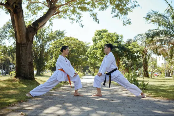 Atletas Taekwondo Com Cintos Laranja Preto Trabalhando Parque — Fotografia de Stock