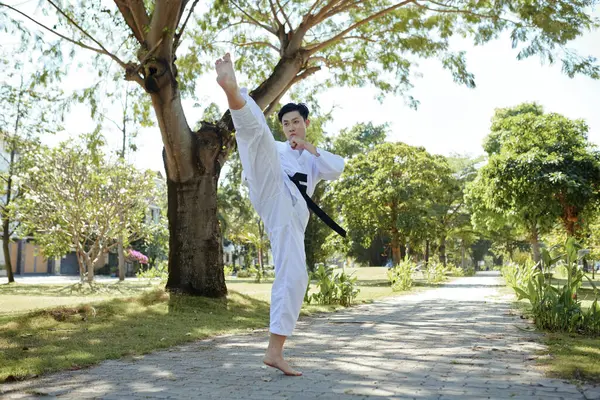 Barefoot taekwondo athlete practicing front kick outdoors