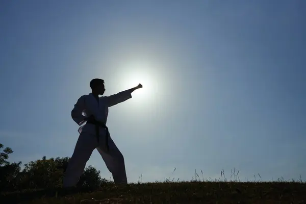 Giovane Dobok Facendo Posizione Taekwondo Piedi Contro Tramonto Del Sole — Foto Stock