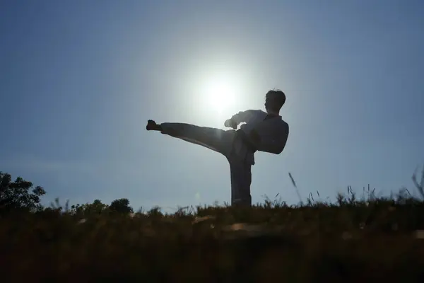 Silhouet Van Taekwondo Sportvrouw Doet Hoge Kick Tegen Ondergaande Zon — Stockfoto